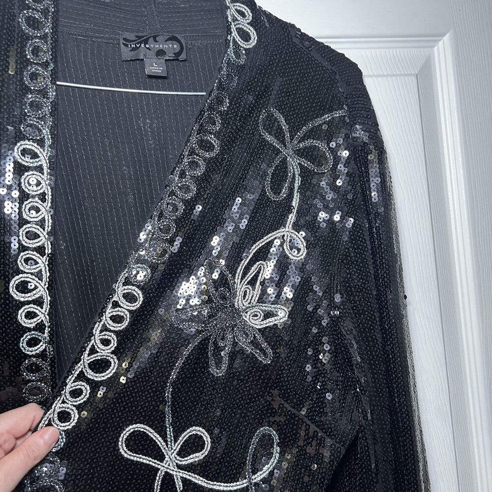 Investments Jacket Women's Large Black Sequin Floral Open Front Knit Embellished - Picture 5 of 11
